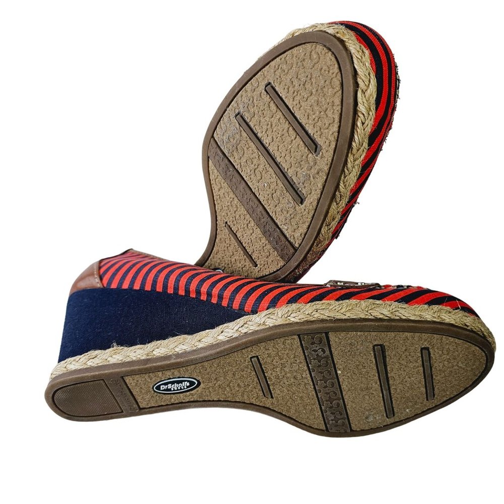 Dr. Scholl's Brilliant Red & Blue Striped Leather Fabric Wedges Shoes 8.5M - Picture 7 of 8